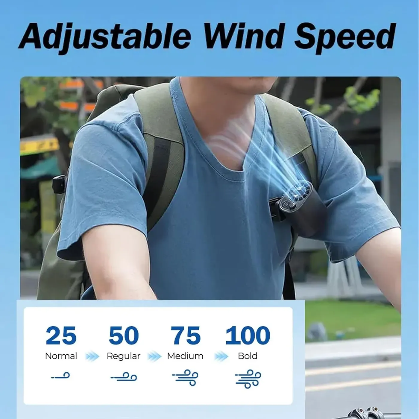 Coolioz fan worn on a backpack strap with adjustable wind speed levels
